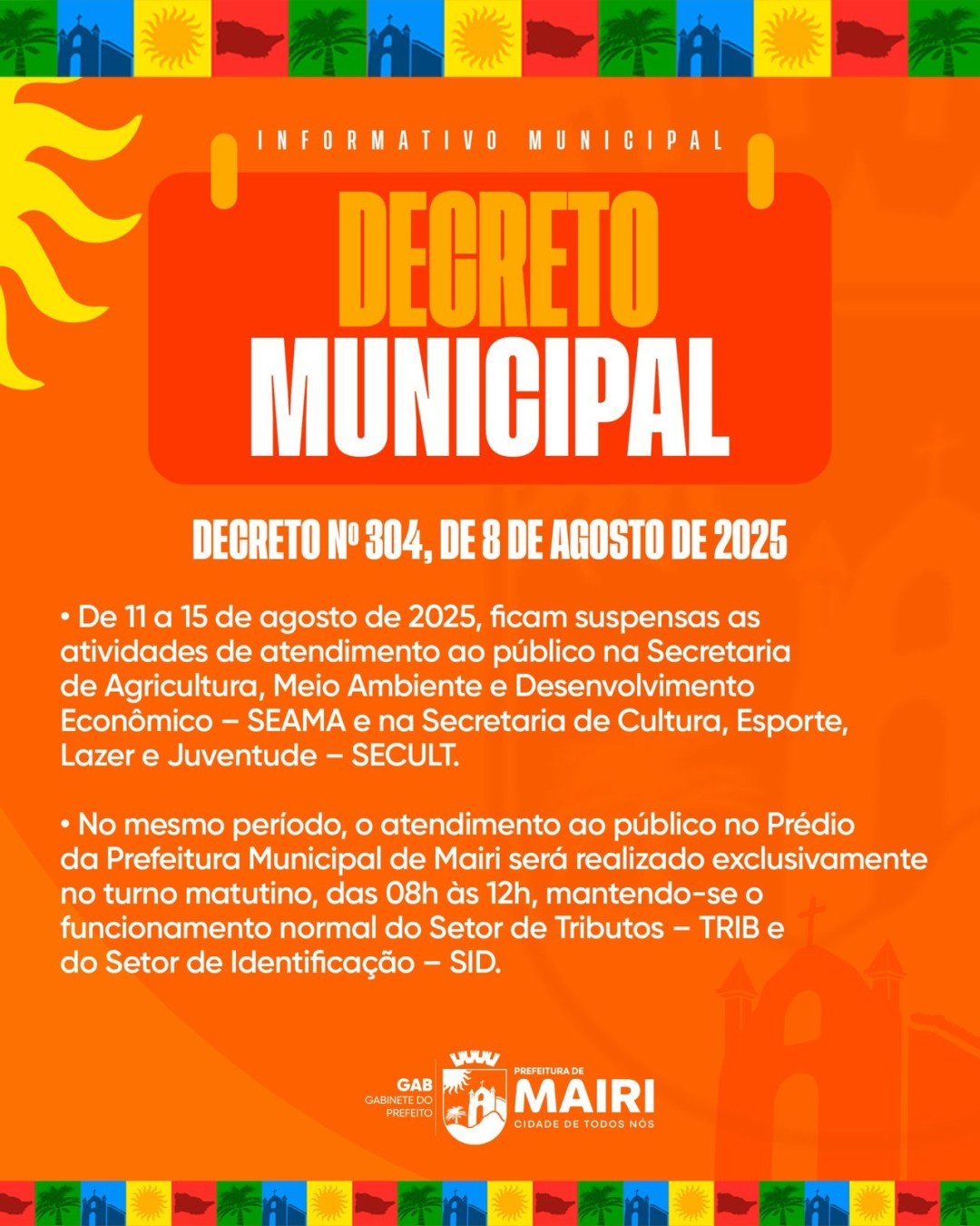 Prefeitura informa suspensão e ajuste de horários em alguns setores