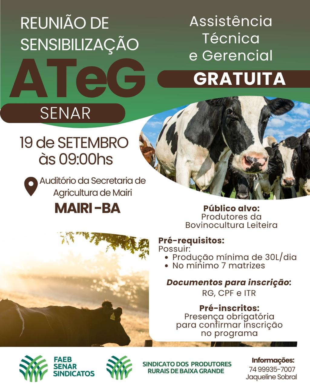 Prefeitura de Mairi convida produtores de leite para reunião de sensibilização do programa ATeG