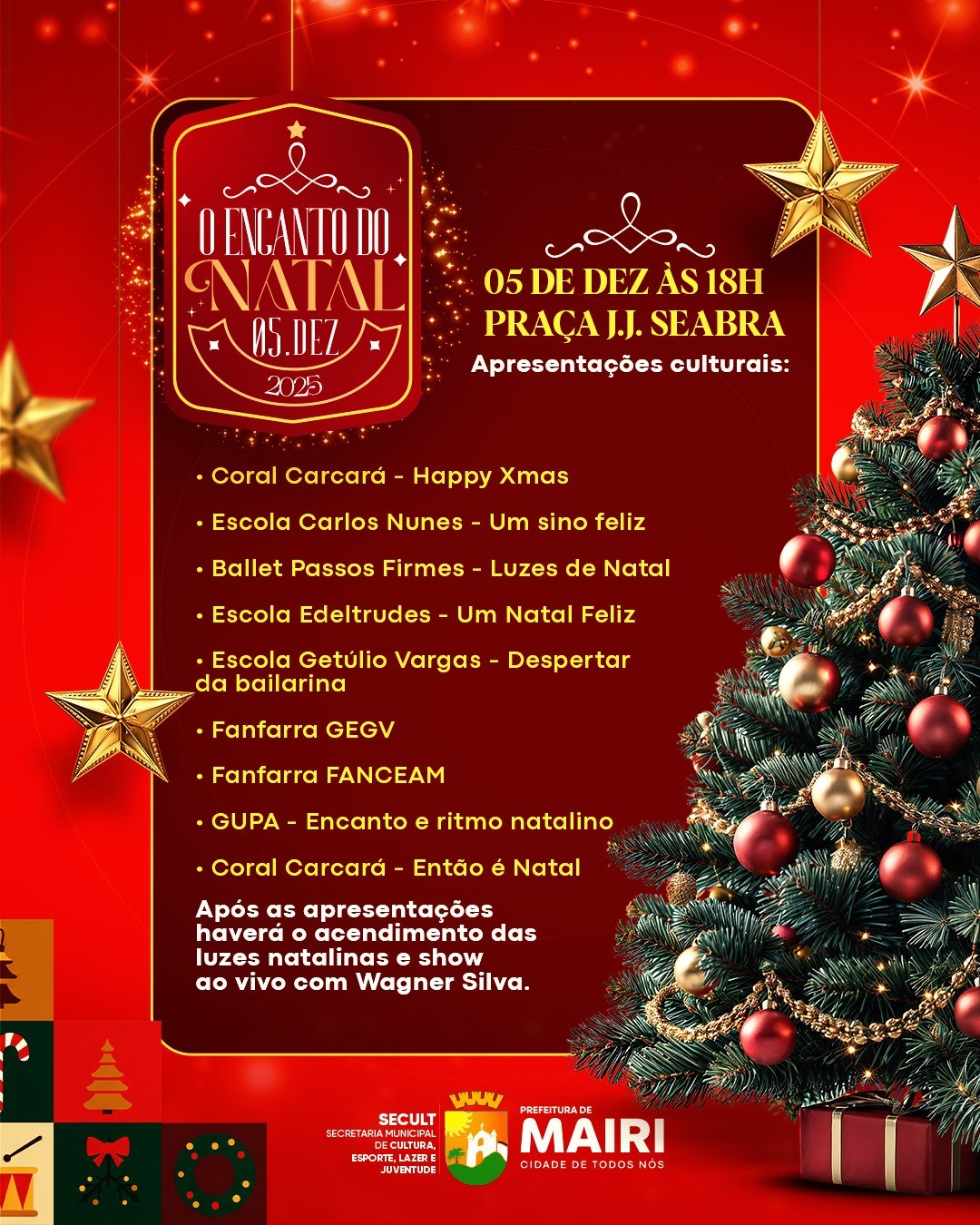 Encanto do Natal 2025 reúne apresentações culturais na Praça J.J. Seabra